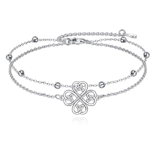 VONALA Vier Blatt Klee Fußkettchen für Damen 925 Sterling Silber Kleeblatt Double Layered Chain Celtic Knot Fußkettchen für Frauen Mädchen Schmuck Geschenke von VONALA