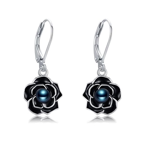 VONALA Weißes Gold Schwarze Rose Ohrringe für Frauen Sterling Silber Schwarz Perle Rose Blume Ohrringe Dangle Rose Schmuck VONALA Weißes Gold Schwarze Rose Ohrringe für Frauen Sterling Silber Schwarz Perle Rose Blume Ohrringe Dangle Rose Schmuck von VONALA