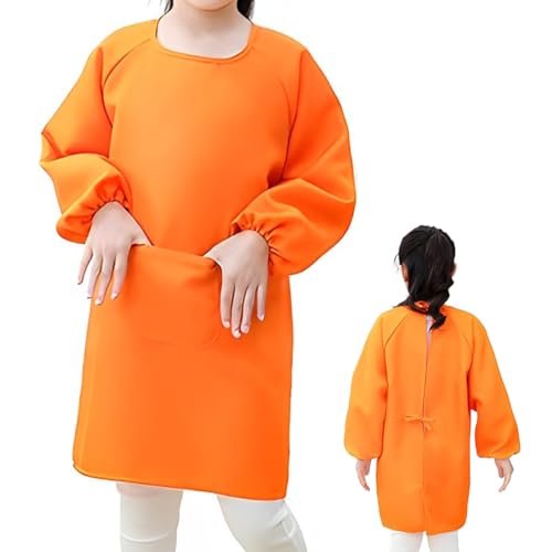 VONJUMA 1 Pc Malerkittel Kinder Malkittel Kinder 8-11 Jahre Malschürze Kinder Bastelschürze Kinder Mit Ärmeln Und Taschen Schürze Schule Mädchen Für Basteln Malen Backen Kochen Orange von VONJUMA