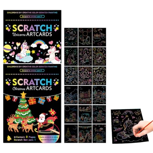 VONJUMA 18 Pcs Kratzbilder Set Diy Bastelsets Für Kinder Magic Rainbow Kratzpapier Weihnachten Und Einhorn Muster Kunstkartons Für Weihnachten Geburtstagsgeschenk Mit Kratzwerkzeuge Kit von VONJUMA