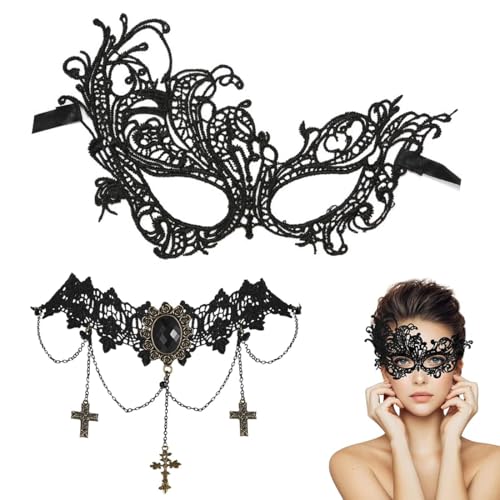 VONJUMA 2-Teiliges Set Venezianische Maske Damen Maskenball Halsketten Augenmaske Fasching Venezianische-Masken Venezianisches Kostüm Damen Für Halloween Kostüm Ball Party Und Ander Gelegenheit von VONJUMA