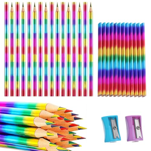 VONJUMA 30 Stück Regenbogenstift Buntstifte 4 In 1 Farben Bleistifte Regenbogen Stifte Farbstifte Für Skizzieren Zeichnen Färbung Geburtstag Mitgebsel Kinder Mädchen Junge Mit 2 Bleistiftanspitzer von VONJUMA