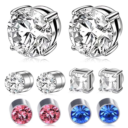 VONJUMA 5 Paare Magnetische Ohrringe Herren Magnetische Ohrringe Kein Piercing Nicht Durchbohrend Ohrringe Herren Damen Set Rund Quadratisch Silber Blau Rosa von VONJUMA