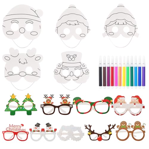 VONJUMA 5 Pcs Masken Zum Ausmalen Und 9 Pcs Weihnachtsbrillen Kinder Masken Zum Bemalen Kinder Masken Basteln Kinder Papier Kinder Maske Set Für Erwachsene Kinder Weihnachtsdeko von VONJUMA