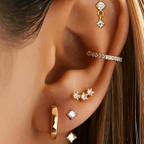 VONJUMA 5 Pcs Ohrringe Gold Piercing Ohr Gold Ohrringe Set Für Mehrere Ohrlöcher Helix Piercings Für Damen Vergoldet Ohrstecker Set Klein Creolen Gold Ohrringe Knorpel Ohrstecker von VONJUMA