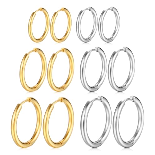 VONJUMA 6 Paare Ohrringe Creolen Kleine Creolen Ohrringe Für Damen Herren Knorpel Ohrringe Snug Lobe Nase Lippen Helix Piercing Schmuck Winzige Hoop Hinged Schläferohrringe 10/12/14Mm von VONJUMA