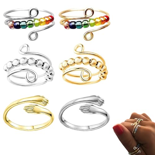 VONJUMA 6-teiliges Anti-Stress Ring-Set - Verstellbare Ringe zur Linderung von Ängsten und Stress - Bunte Spinning Ringe mit Perlen für Mädchen und Frauen von VONJUMA