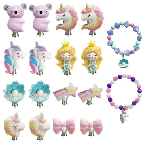 VONJUMA 8 Paar Clip Ohrringe Mädchen Klipp Ohrringe Kinder Mädchen Ohrclips Mädchen Ohrklipser Kinder Clip Ohrringe Mädchen Ohrklipser Kinder Einhorn-Prinzessin-Ohrring Set Mit 2 Armband Kinder von VONJUMA