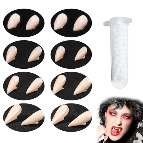 VONJUMA 8 Paar Vampir Zähne Halloween Vampirzähne Gebiss Fangs Gefälscht Zähne Mit Pellets Kleber Für Cosplay Requisiten Halloween Dämon Hexe 13/15/17/19Mm von VONJUMA
