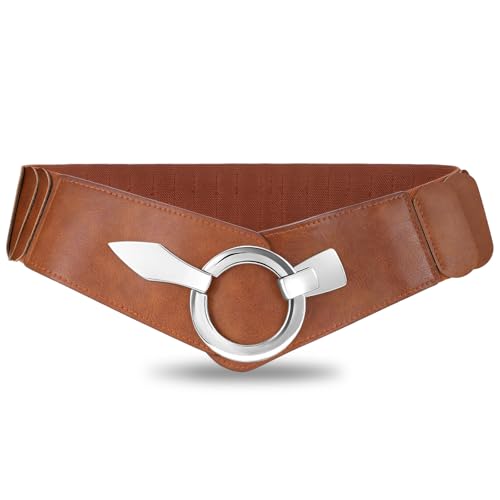 VOMELLI Breiter Elastischer Taillengürtel Damen - Vintage Stretchgürtel Hüftgürtel mit Silberschnalle für Kleid Braun L von VONMELLI