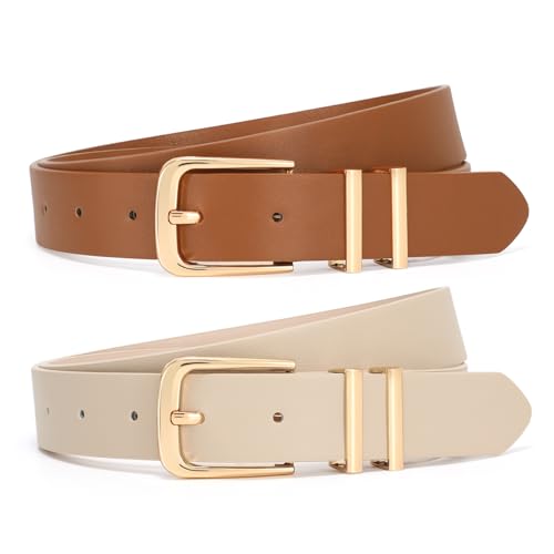 VONMELLI Damen Gürtel 2 Stück–Schmaler 2.5cm Ledergürtel mit Goldschnalle für Jeans Kleider & Business Outfit Braun+ Beige Passform Taillenumfang 81-95cm von VONMELLI