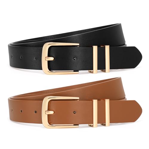 VONMELLI Damen Gürtel 2 Stück–Schmaler 2.5cm Ledergürtel mit Goldschnalle für Jeans Kleider & Business Outfit(Schwarz/Braun) Passform Taillenumfang 96-107cm von VONMELLI