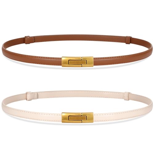 VONMELLI 2 Pack Damen Schmaler Taillengürtel Verstellbare Dünne Gürtel für Kleid Schmal Gürtel für Damen Braun+Beige Passt Taillenumfang bis zu 95cm von VONMELLI