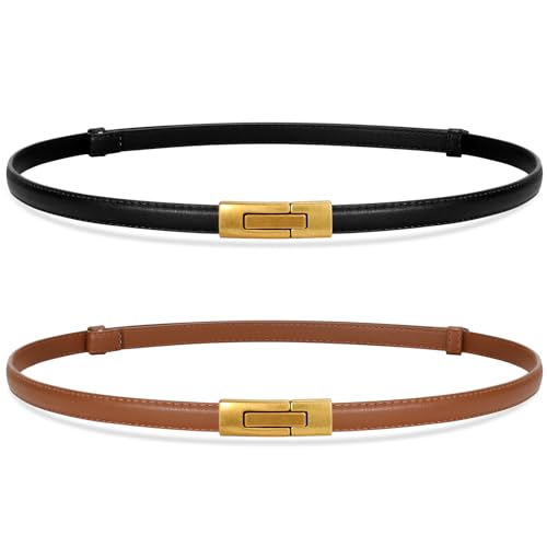 VONMELLI 2 Pack Damen Schmaler Taillengürtel Verstellbare Dünne Gürtel für Kleid Schmal Gürtel für Damen Schwarz+Braun Passt Taillenumfang bis zu 115cm von VONMELLI