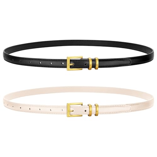 VONMELLI 2 Stücke Dünne Ledergürtel für Damen, Modische Schmale Taillengürtel Dünne Damengürtel für Jeans Anzughosen Schwarz + Beige Passend zur Taillengröße 64cm-77cm von VONMELLI