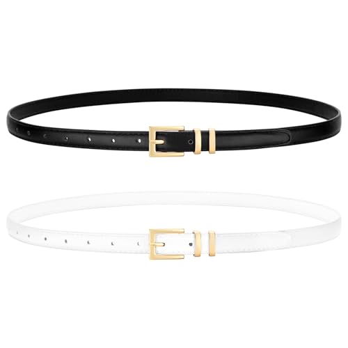 VONMELLI 2 Stücke Dünne Ledergürtel für Damen, Modische Schmale Taillengürtel Dünne Damengürtel für Jeans Anzughosen Schwarz + Weiß Passend zur Taillengröße 64cm-77cm von VONMELLI
