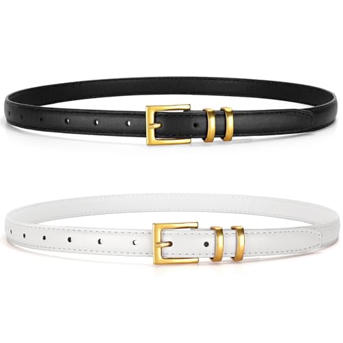 VONMELLI 2 Stücke Dünne Ledergürtel für Damen, Modische Schmale Taillengürtel Dünne Damengürtel für Jeans Anzughosen Schwarz + Weiß Passend zur Taillengröße 93cm-108cm von VONMELLI