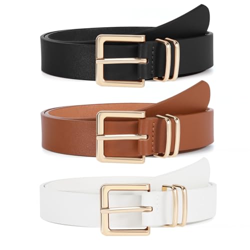 VONMELLI 3er-Pack Ledergürtel Damen für Jeans Hosen Kleider Modischer Taillengürtel Damen mit Goldener Quadratischer Schnalle Passform Taillenumfang 91-107cm von VONMELLI