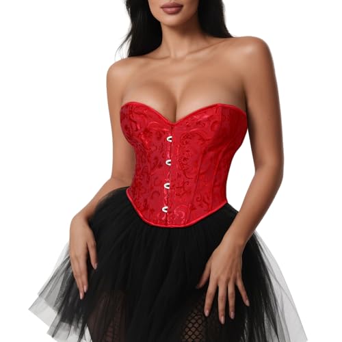 VONMELLI Bustier Korsett Top Spitze Überbrust Shapewear Dessous Cosplay Kostüm Rot XL von VONMELLI