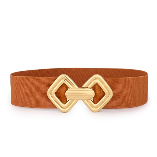 VONMELLI Damen Breiter Elastischer Gürtel Vintage Dehnbares Taillengürtel mit Retro Goldschnalle für Kleider Braun Passform Taillenumfang 83-92CM von VONMELLI