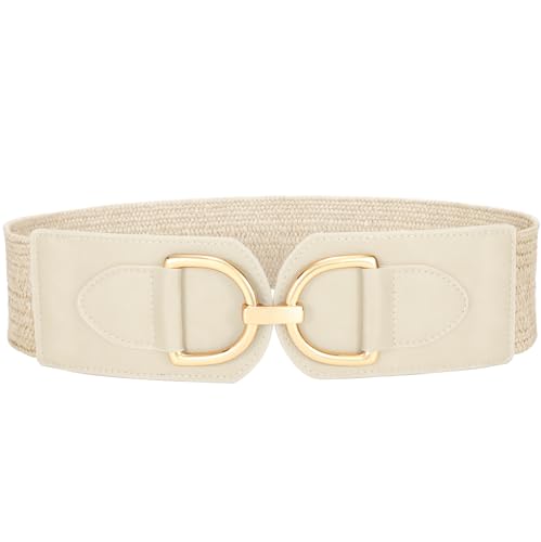 VONMELLI Damen Breiter Elastischer Taillengürtel für Kleider Strohgürtel Vintage Dehnbarer Geflochtener Gürtel Boho Damengürtel mit Goldener Schnalle Beige Passend für Taillenumfang 96-104cm von VONMELLI