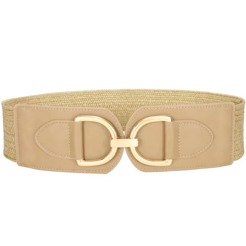 VONMELLI Damen Breiter Elastischer Taillengürtel für Kleider Strohgürtel Vintage Dehnbarer Geflochtener Gürtel Boho Damengürtel mit Goldener Schnalle Braun Passend für Taillenumfang 66-75cm von VONMELLI