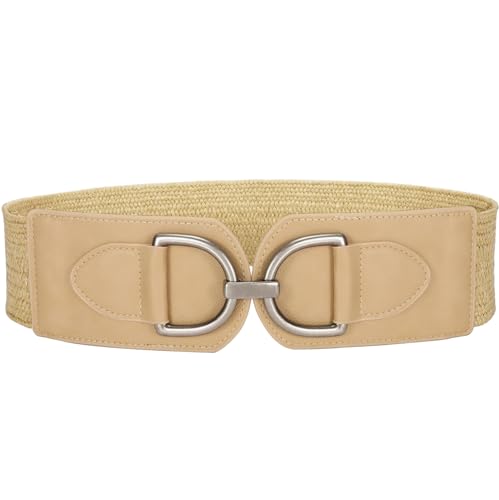 VONMELLI Damen Breiter Elastischer Taillengürtel für Kleider Strohgürtel Vintage Dehnbarer Geflochtener Gürtel Boho Damengürtel mit Goldener Schnalle Braun Passend für Taillenumfang 66-75cm von VONMELLI