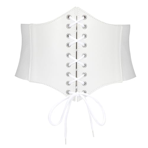 VONMELLI Damen Elastische Schnürung Korsett Gürtel Tied Waspie Breite Gürtel Kostüm Stretch Taille Gürtel für Halloween Weiß S von VONMELLI