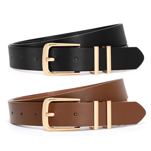 VONMELLI Damen Gürtel 2 Stück–Schmaler 2.5cm Ledergürtel mit Goldschnalle für Jeans Kleider & Business Outfit Schwarz + Kaffee Passform Taillenumfang 119-127cm von VONMELLI