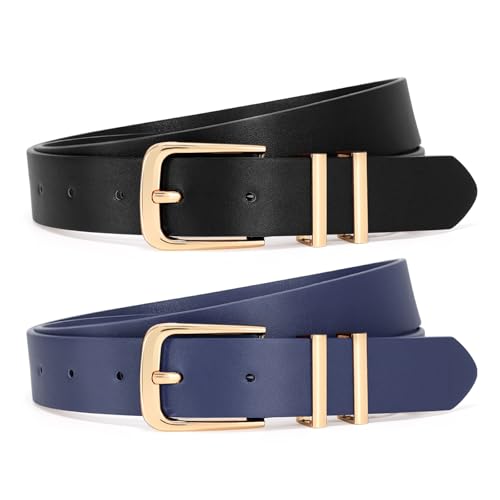 VONMELLI Damen Gürtel 2 Stück–Schmaler 2.5cm Ledergürtel mit Goldschnalle für Jeans Kleider & Business Outfit Schwarz + Marineblau Passform Taillenumfang 108-118cm von VONMELLI