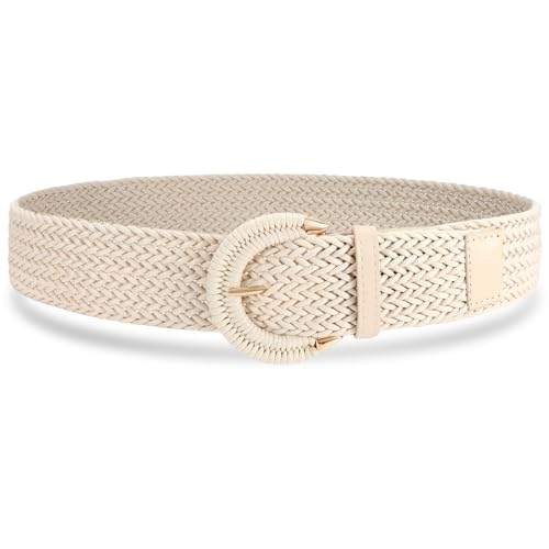 VONMELLI Frauen geflochtener Rattan breiter Gürtel gewebter Taillengürtel mit Halbkreisschnalle für Sommerkleid Jeans Hosen Beige M von VONMELLI