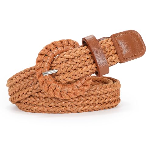 VONMELLI Geflochtener Damengürtel aus Rattan - Schmaler 1.8cm Boho Gürtel für Kleider, Jeans & Sommer Braun Passend für Taillen bis zu 109 cm von VONMELLI