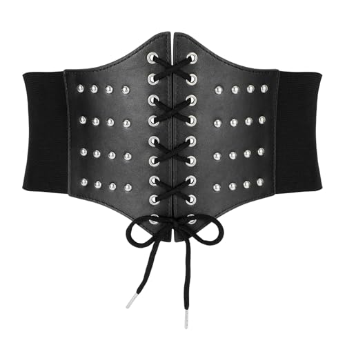 VONMELLI Breiter Korsett Damen Retro Tied Waspie Gürtel - Vintage Stretchgürtel Mit Nieten - Taillengürtel für Halloween - Schwarz L von VONMELLI