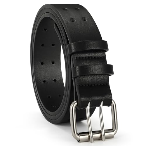 VONMELLI Herren Gürtel Double Prong Ledergürtel Schwarz Casual Arbeitsgürtel Heavy Duty Dual Hole für Jeans Pant Länge 105cm Max Taille 81cm von VONMELLI