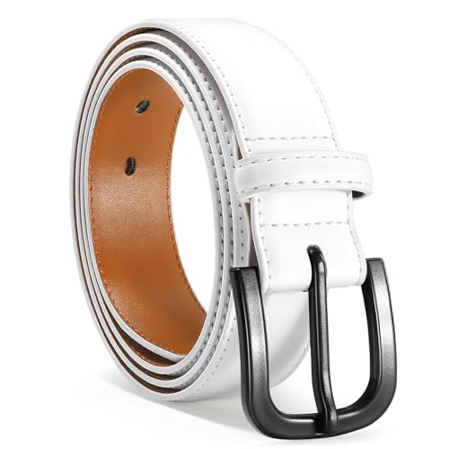 VONMELLI Herren Gürtel Metallfreier Ledergürtel Herren TSA-geprüft Metallfreier Arbeitsgürtel Jeans mit Hypoallergener Schnalle Weiß Passform Taillenumfang 81cm-90cm von VONMELLI