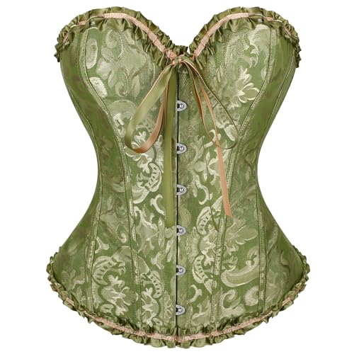VONMELLI Korsett Damen Spitze Up Boned Overbust Vollbrust Corset Bustier Gothic Corsage Dessous Top Armeegrün XS von VONMELLI