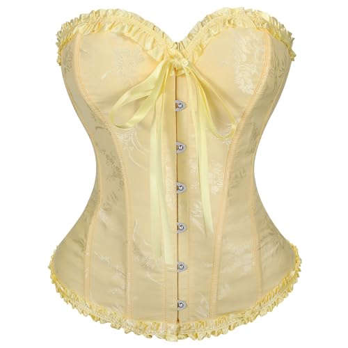 VONMELLI Korsett Damen Spitze Up Boned Overbust Vollbrust Corset Bustier Gothic Corsage Dessous Top Gelb S von VONMELLI
