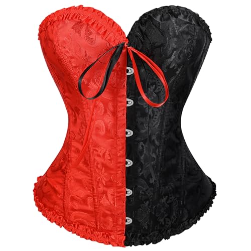 VONMELLI Korsett Damen Spitze Up Boned Overbust Vollbrust Corset Bustier Gothic Corsage Dessous Top Schwarz Rot S von VONMELLI