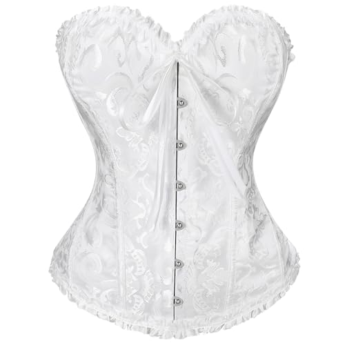 VONMELLI Korsett Damen Spitze Up Boned Overbust Vollbrust Corset Bustier Gothic Corsage Dessous Top Weiß XXL von VONMELLI