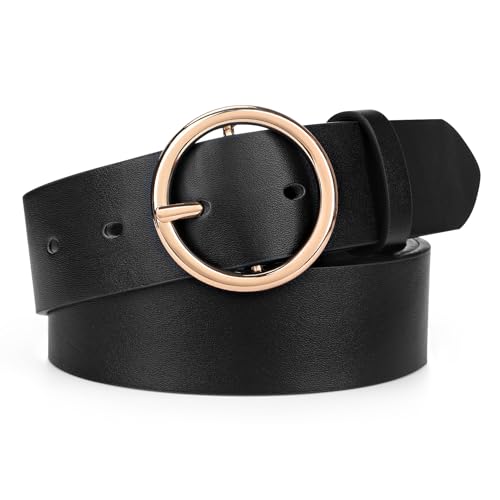 VONMELLI Modischer PU Ledergürtel Damen Jeans Taillengürtel Damen Mit Runder Schnalle für Hosen Schwarz/goldene Schnalle Passform für Taillengröße 78-94cm von VONMELLI