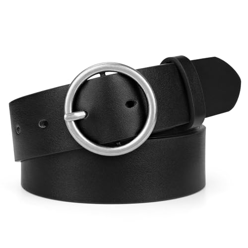 VONMELLI Modischer PU Ledergürtel Damen Jeans Taillengürtel Damen Mit Runder Schnalle für Hosen Schwarz/silberne Schnalle Passform für Taillengröße 109-120cm von VONMELLI