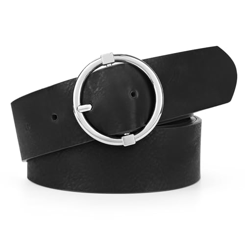 VONMELLI Modischer PU Ledergürtel Damen Jeans Taillengürtel Damen Mit Runder Schnalle für Hosen Schwarz/silberne Schnalle Passform für Taillengröße 94-108cm von VONMELLI