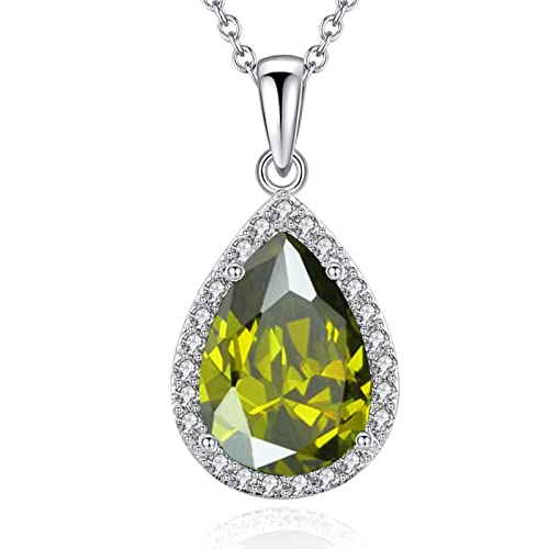 VONSSY Damenkette Edelstein Anhänger Halskette | Oval Teardrop Birne Kristall Rubin Smaragd Saphir Birthstone Halskette | Platin-Silber-Schmuckgeschenk (Olivgrün) von VONSSY