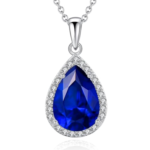 VONSSY Damenkette Edelstein Anhänger Halskette | Oval Teardrop Birne Kristall Rubin Smaragd Saphir Birthstone Halskette | Platin-Silber-Schmuckgeschenk (Saphir Blau) von VONSSY