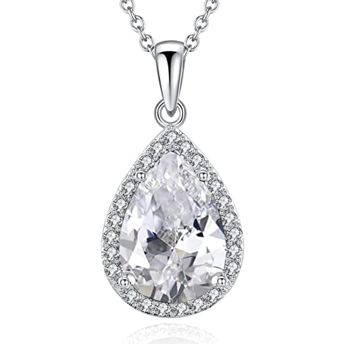 VONSSY Damenkette Edelstein Anhänger Halskette | Oval Teardrop Birne Kristall Rubin Smaragd Saphir Birthstone Halskette | Platin-Silber-Schmuckgeschenk (Weiß) von VONSSY