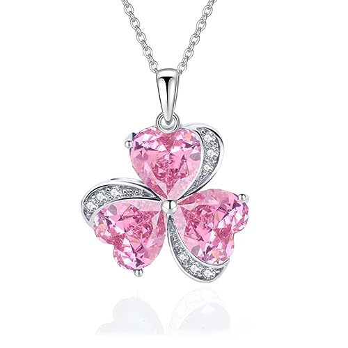 VONSSY Damenkette Edelstein Klee Anhänger Halskette | Smaragdgrüne irische Kleeblatt Geburtsstein Halskette ST. Patricks Day | Weißgold Silber Schmuck Geschenk für Frau Tochter Mutter Freundin (Rosa) von VONSSY