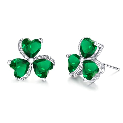 VONSSY Damenkette Edelstein Klee Anhänger Halskette | Smaragdgrüne irische Kleeblatt Geburtsstein Halskette | Weißgold Silber Schmuck Geschenk für Frau Tochter Mutter Freundin (Ohrringe - Weißgold) von VONSSY