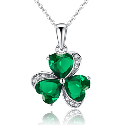 VONSSY Damenkette Edelstein Klee Anhänger Halskette | Smaragdgrüne irische Kleeblatt Geburtsstein Halskette | Weißgold Silber Schmuck Geschenk für Frau Tochter Mutter Freundin (Weißes Gold-Grüne) von VONSSY