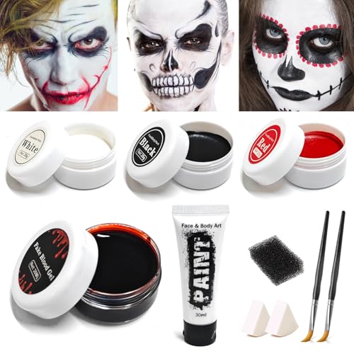 VOPIWOZ Halloween Schmink Set, Weiß Schwarz Rot Face Paint + Kunstblut + Schwamm + Grundierung Wasserfarben Make-up und 2 Makeup Pinsel, für Theaterschminke, Joker Make Up, Vampir und Zombie Schminke von VOPIWOZ