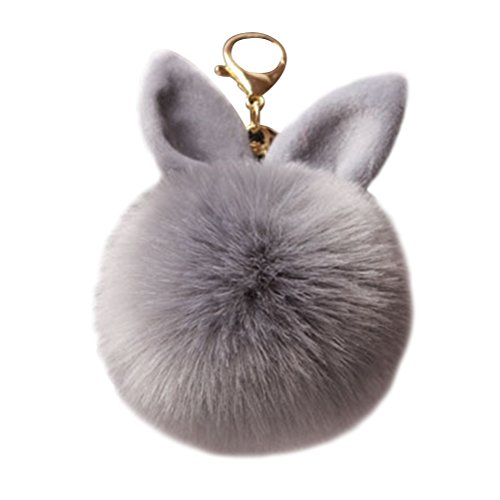 VORCOOL Plüsch Ball Schlüsselanhänger mit Hasenohren Pompom Keychain Bommel Taschenanhänger für Handtasche Auto (Grau) von VORCOOL